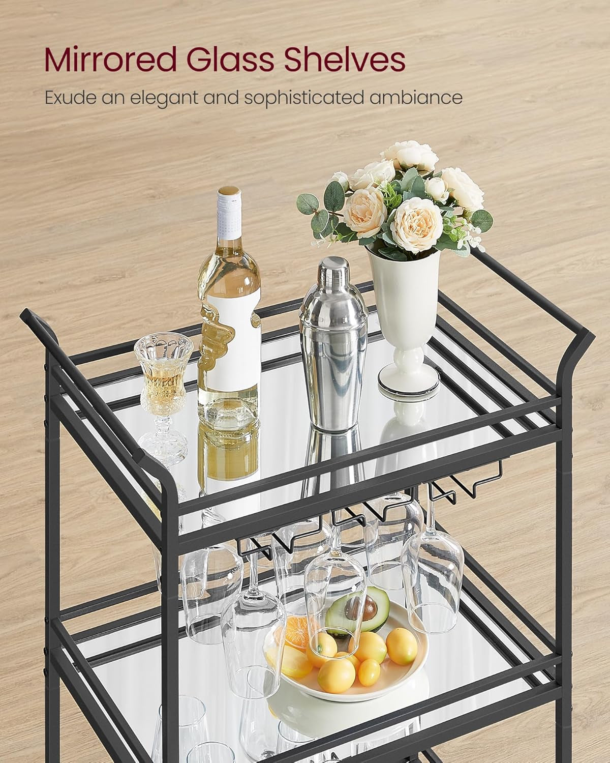 Bar Cart Black, Small Home Bar Serving Cart with 3-Tier Mirrored Shelf, Wine Holders, Glass Holders, for Small Spaces, Kitchen, 15 X 23.6 X 36.2 Inches, Black ULRC100B01