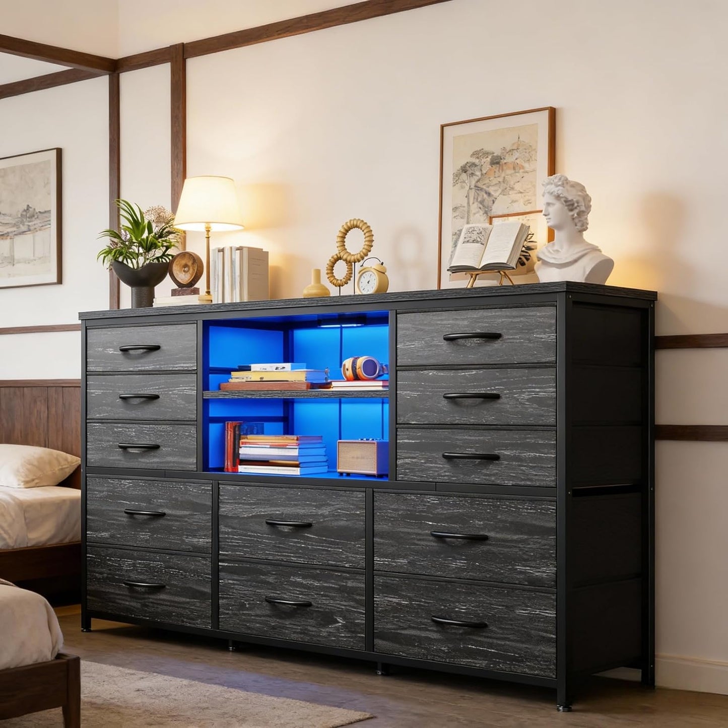 Black Dresser with LED Lights & Charging Station, TV Stand for 60'' TV, Wide Dressers & Chest of Drawers with Open Shelves, Living Room, Hallway, Study