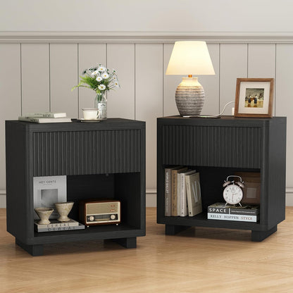 24" Wide Night Stands for Bedrooms Set of 2 with Charging Station, Wood Fluted Nightstand Set of 2 with Drawer and Outlet, 2Pcs Bedside Table for Bedroom