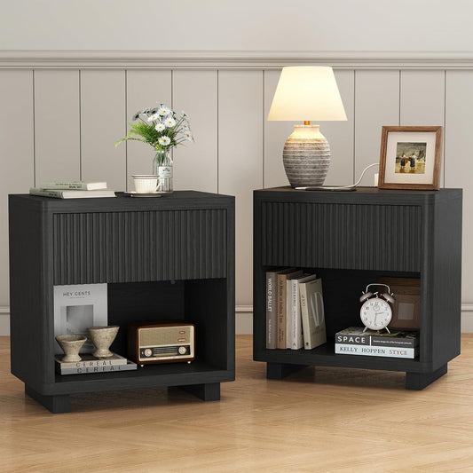 24" Wide Night Stands for Bedrooms Set of 2 with Charging Station, Wood Fluted Nightstand Set of 2 with Drawer and Outlet, 2Pcs Bedside Table for Bedroom