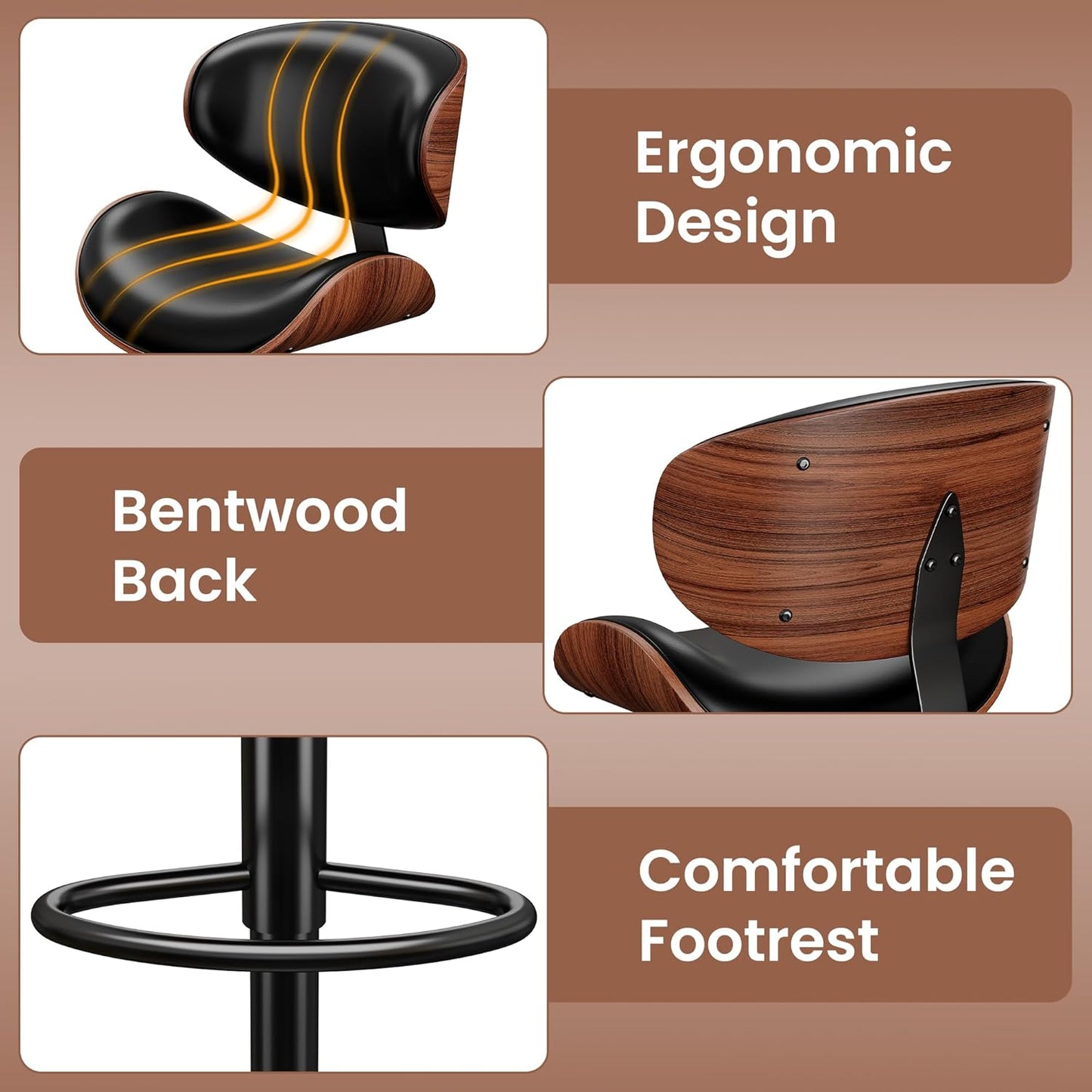 Swivel Bar Stools Set of 2 for Kitchen Counter, Adjustable Bentwood Barstools, Modern PU Leather Upholstered Bar Chair with Back and Footrest, for Bar, Kitchen, Dining Room, Black
