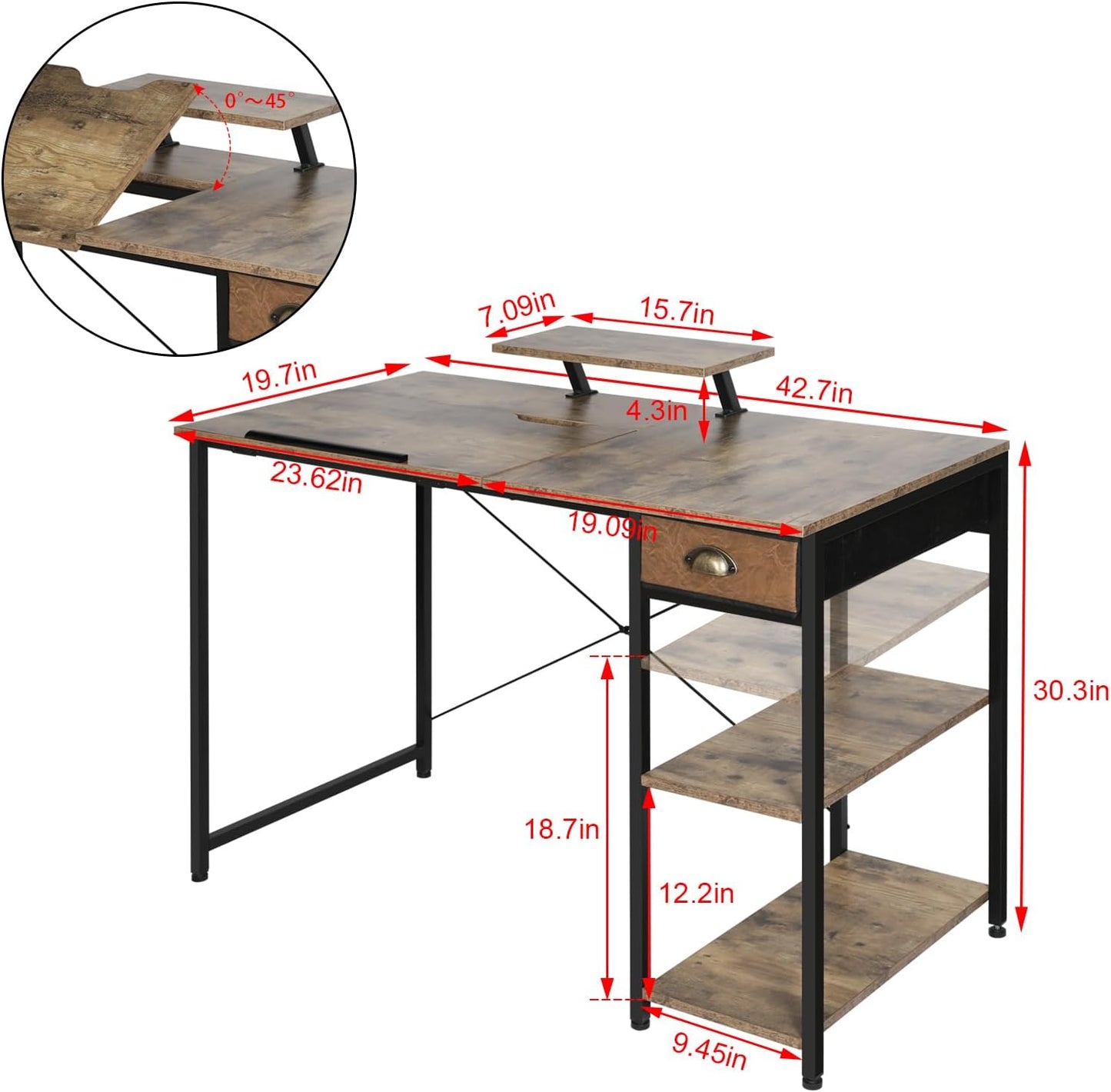 Drafting Table with Storage Shelves & Drawer, 43" Adjustable Art Desk with Monitor Stand for Home Office Computer, Tiltable Draft Drawing Table for Artist, Study, Writing Workstation