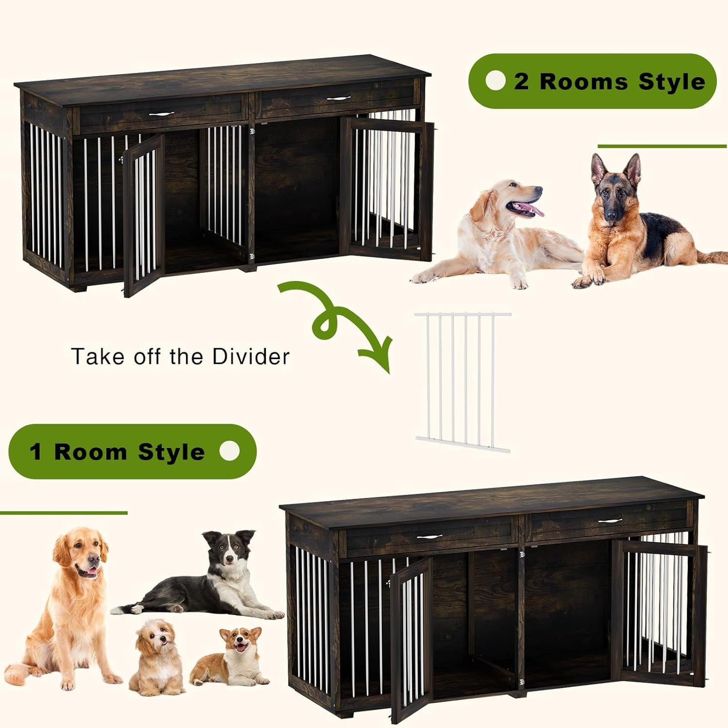 Large Dog Crate Furniture, 72 Inch Wooden Furniture Style Dog Kennel with Drawers & Divider, Heavy Duty Indoor Dog Cage House with Double Rooms for Large Medium Small Dogs, White