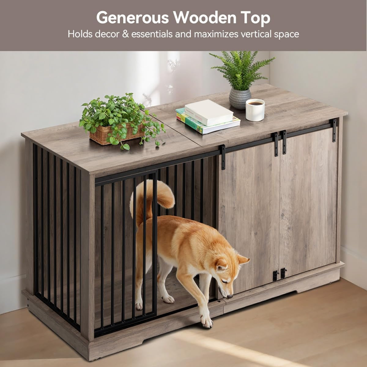 Dog Crate Furniture for 2 Dogs, 60.6 Inch Extra Large Wooden Dog Kennel Furniture with Removable Divider and Double Sliding Doors, TV Stand, Side Table, Brown