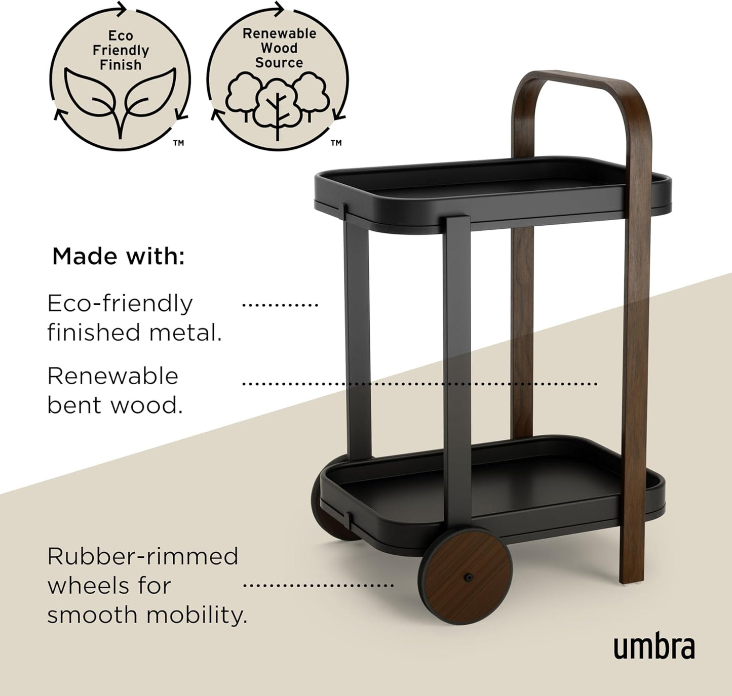Bellwood Bar Cart, Serving Trolley, Side Table, Walnut/Black