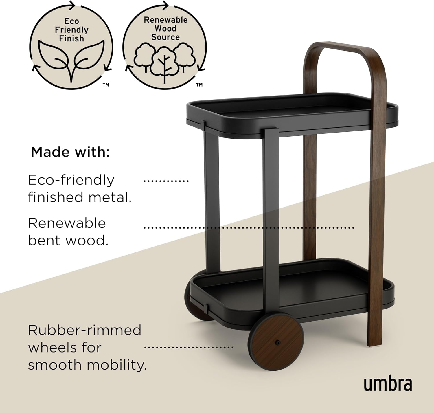 Bellwood Bar Cart, Serving Trolley, Side Table, Walnut/Black