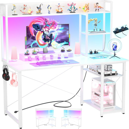 Gaming Desk with Hutch, 47'' Computer Desk with LED Lights & Power Outlets, Home Office Desk with Reversible 5 Tiers Storage Shelves & Monitor Stand, Small Gaming Table for Small Space, White