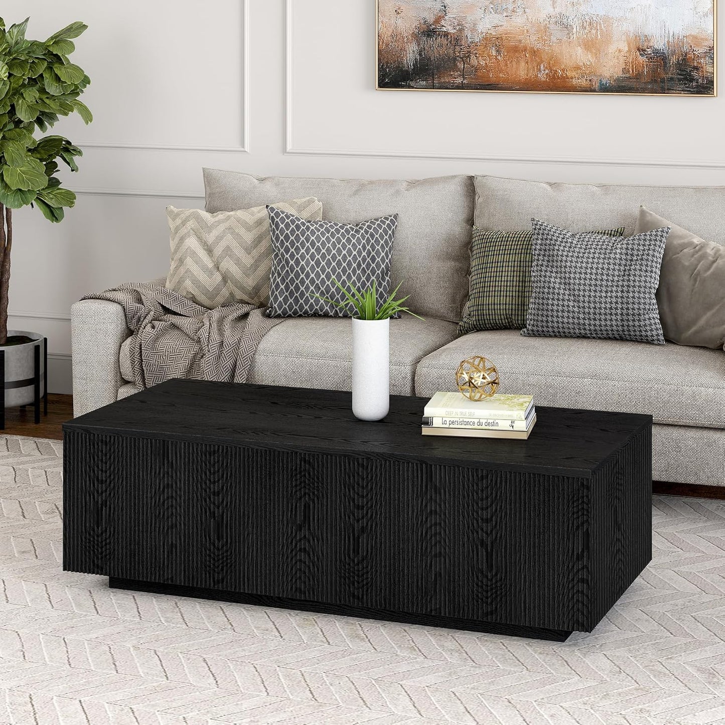 48" Fluted Rectangular Low-Profile Coffee Table for Living Room, Family Room, or Office, Black Grain