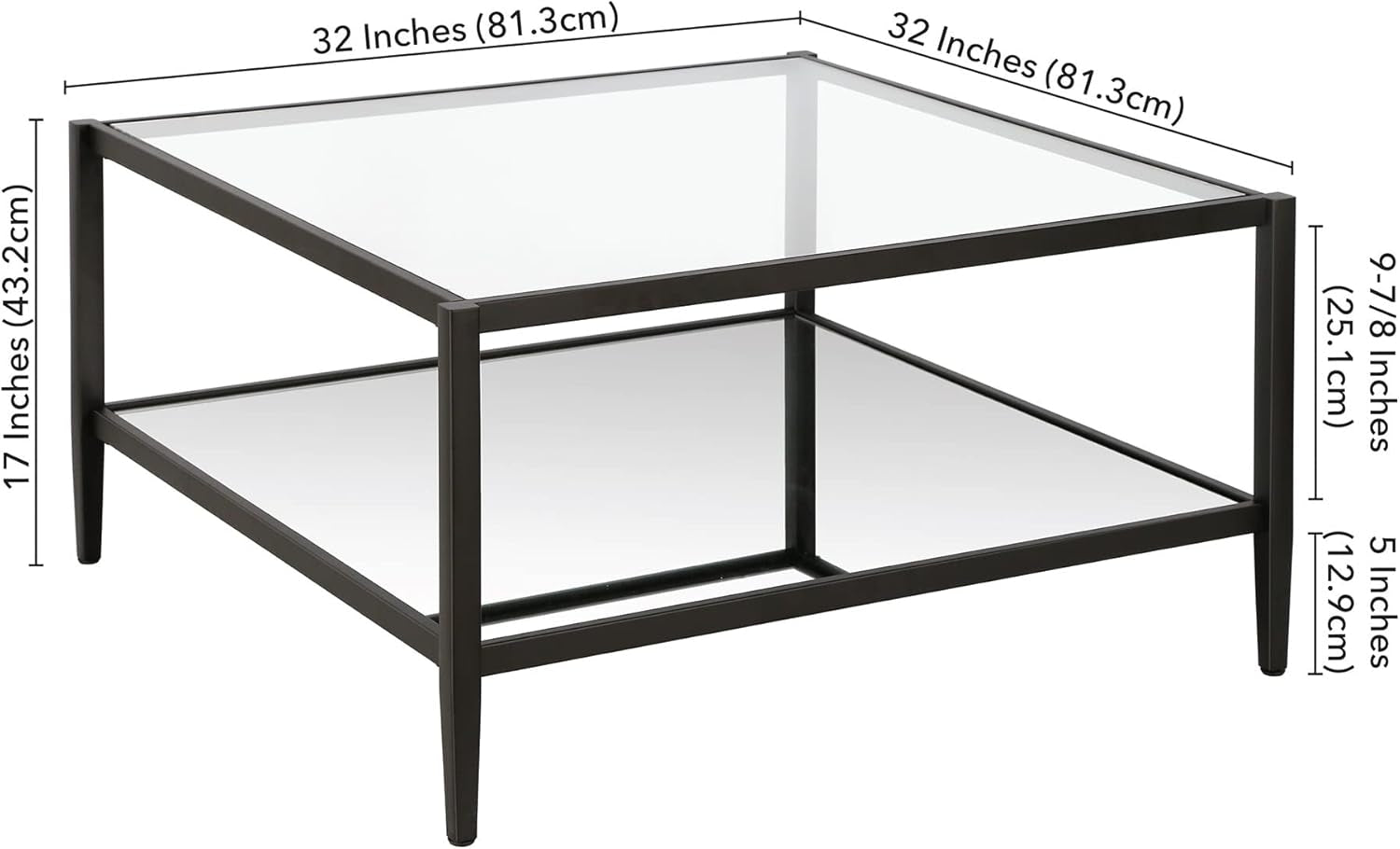32" Wide Square Coffee Table with Mirror Shelf in Blackened Bronze, Modern Coffee Tables for Living Room, Studio Apartment Essentials