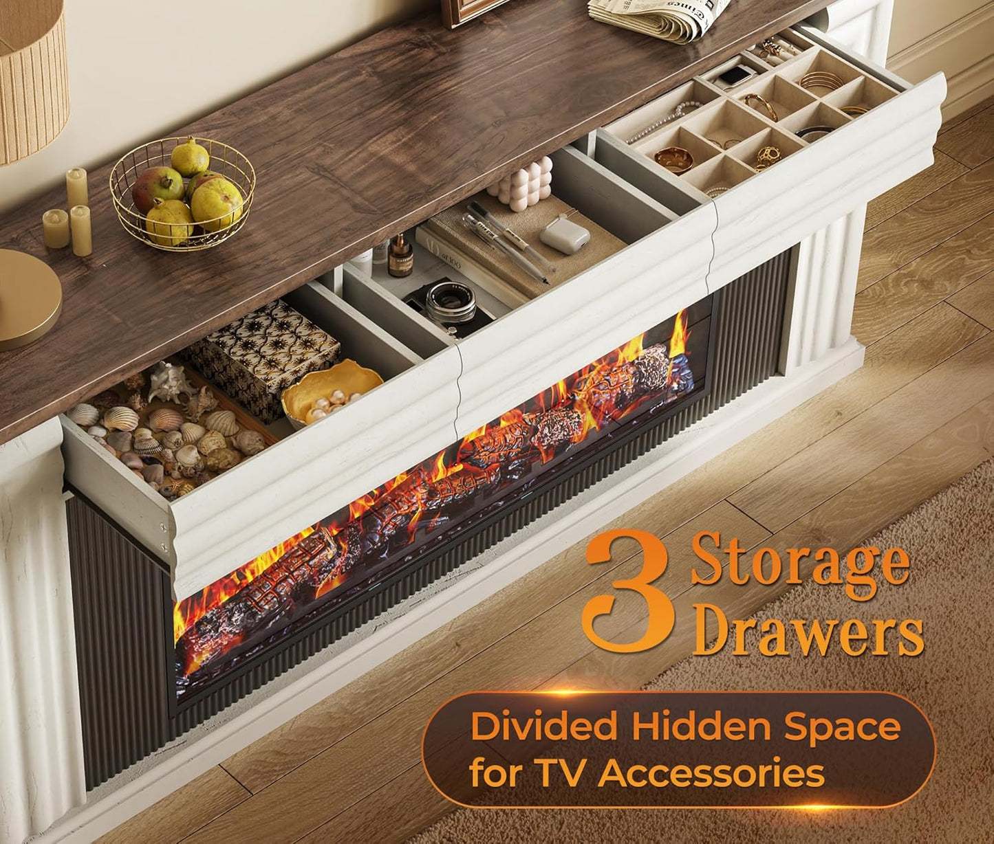 70'' Fireplace TV Stand with 42'' Electric Fireplace, Farmhouse TV Stand for 65 75 Inch TV, Entertainment Center TV Console with 3 Drawers, Fluted Design, for Living Room, Distressed White