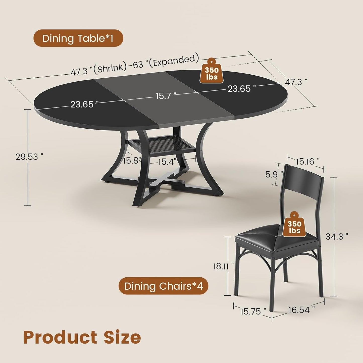 round Extendable Dining Table Set for 4-6 People, 5-Piece Kitchen Table Set with 4 Cushion Chairs, Dining Room Table for 6 with MDF Board & Metal Frame for Small Space, Easy Clean, Black