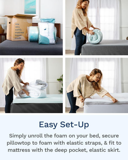 4 Inch Pillow Top Memory Foam Mattress Topper King - Cooling Hybrid Lux Dual Layer Bed Mattress Pad - Certipur-Us Certified