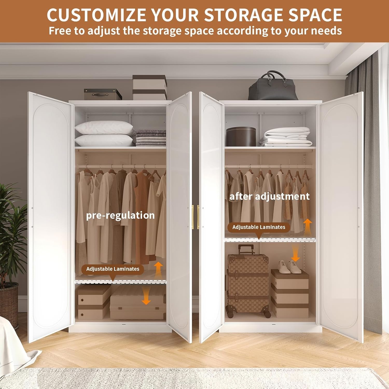 Metal Wardrobe Cabinet for Hanging Clothes, 71" Tall Armoire Wardrobe Closet with Hanging Rod, White Clothing Storage Cabinet with Doors and Shelves, Large Closet for Bedroom-Assemble Required