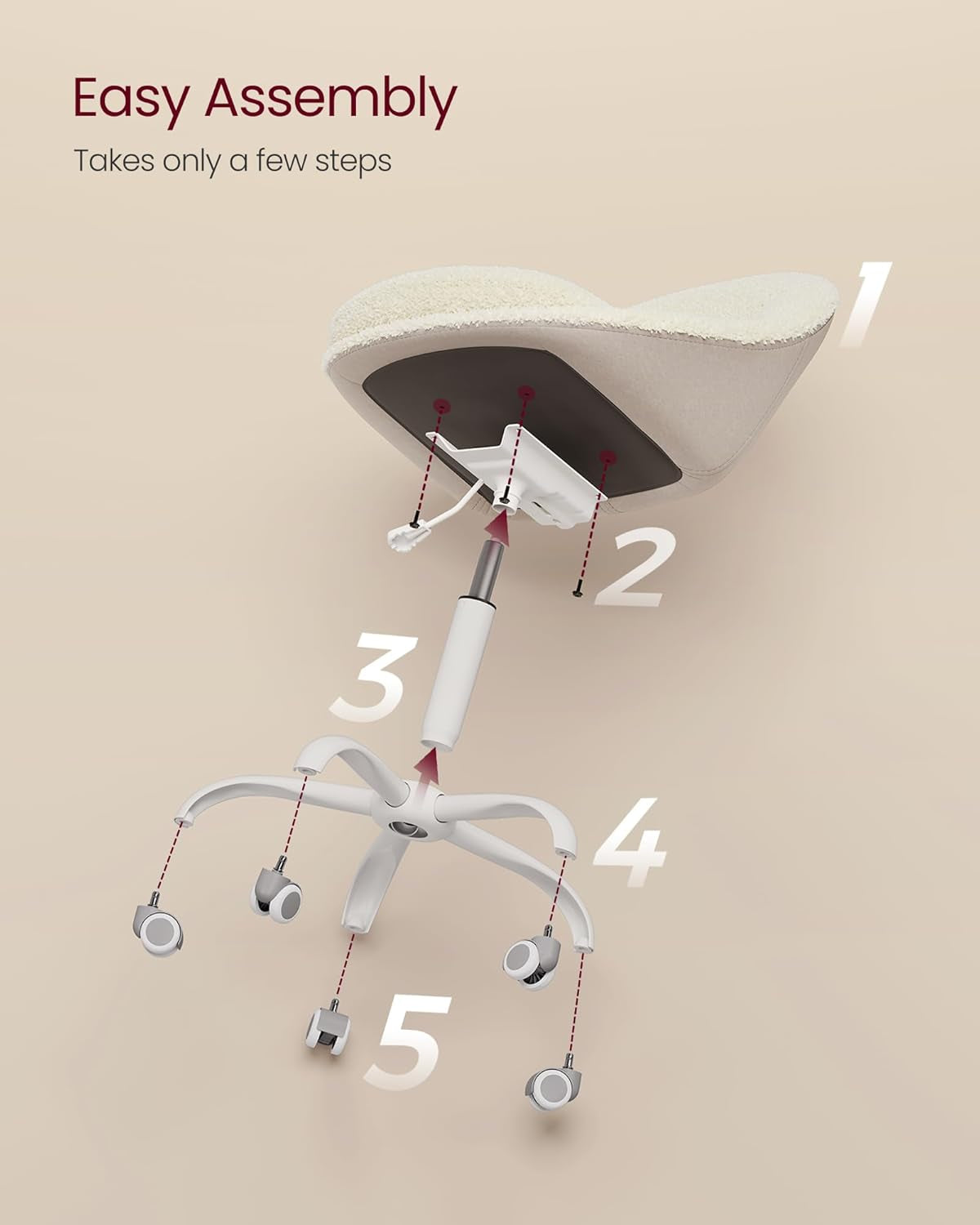 Vanity Chair with Back, Adjustable Swivel Cute Desk Chair with Wheels, Sherpa and PU Leather for Lumbar Support, Compact for Small Spaces, Bedroom, Cappuccino Beige and Cloud White UOBG020W91