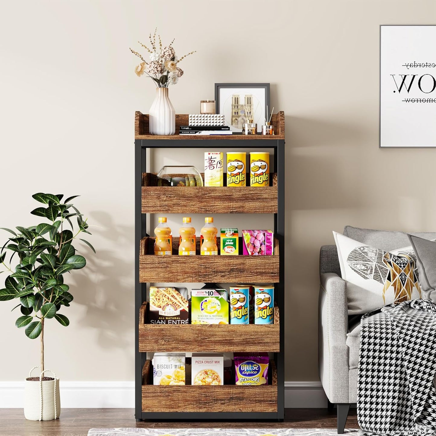 Wood Fruit and Vegetable Storage Rack, 5-Tier Pull-Out Snack Stand Fruit Basket Stand, Utility Shelf Organizer for Kitchen, Living Room, Bedroom, Rustic Brown