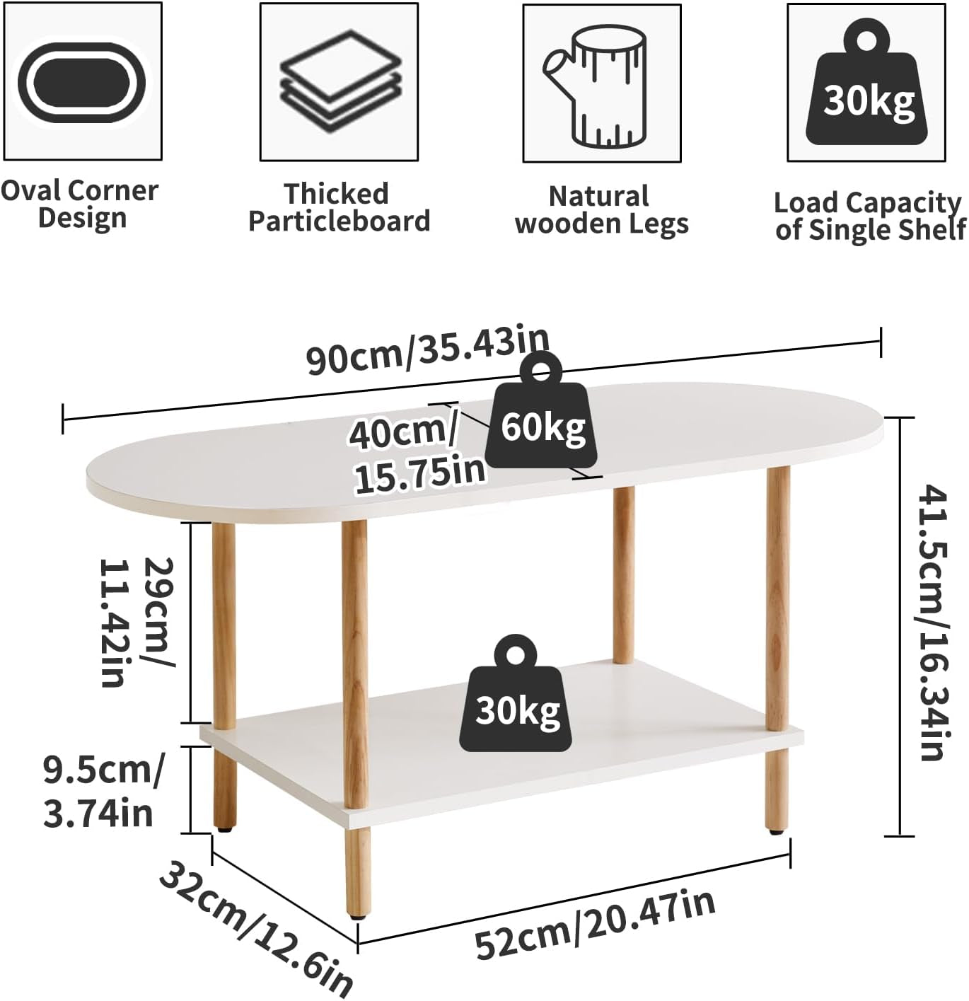 Oval Coffee Table White, Small Wooden Coffee Table for Small Space, Tea Table Stand 35 * 16 * 17 Inches, 2 Tier Center Table for Living Room White YD-012W