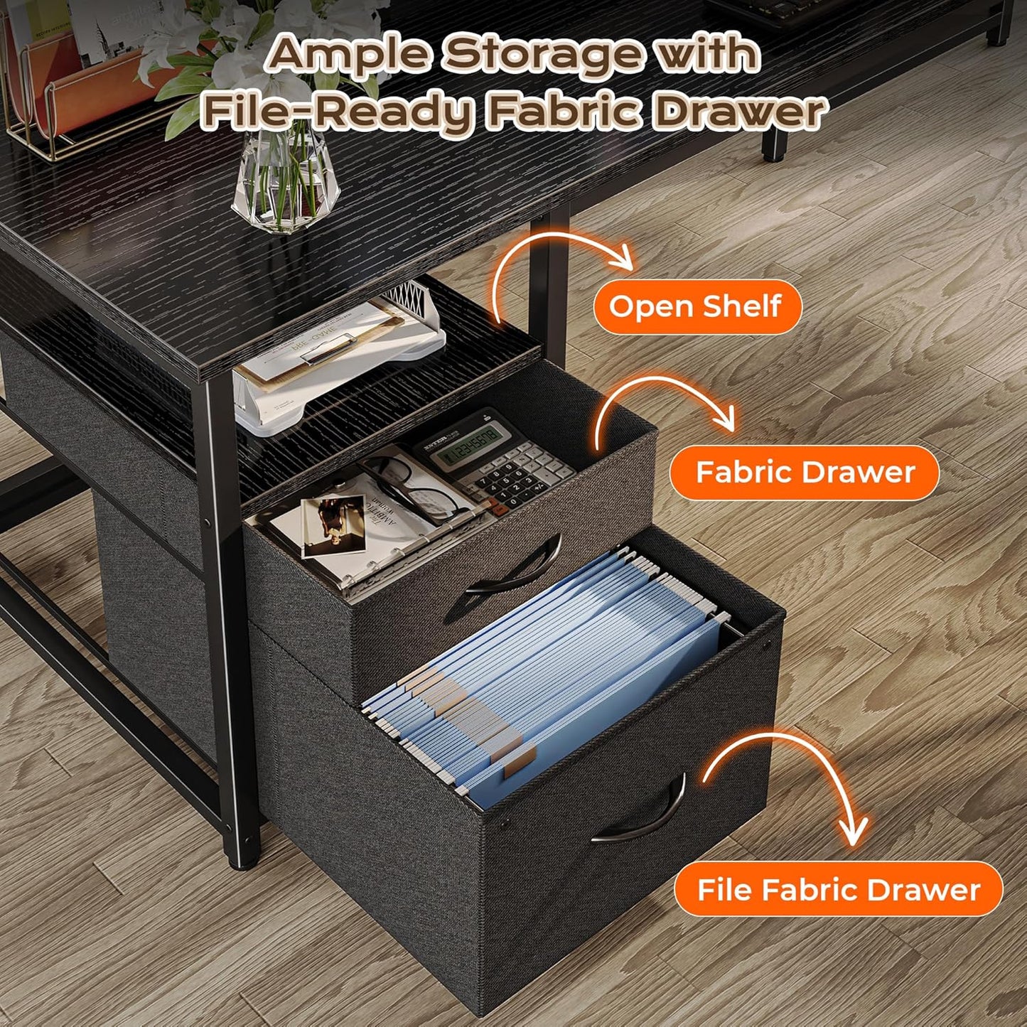 55 Inch L Shaped Desk with Power Outlets and USB-C Port, Computer Corner Home Office Desk with File Fabric Drawers and Movable Monitor Stand, Larger Storage for Gaming, Work, Black