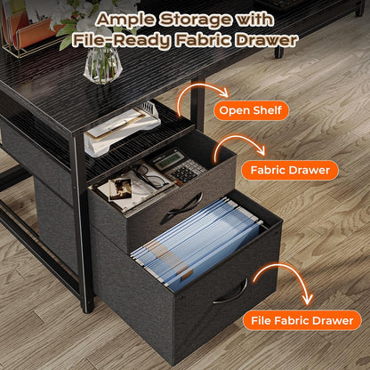 55 Inch L Shaped Desk with Power Outlets and USB-C Port, Computer Corner Home Office Desk with File Fabric Drawers and Movable Monitor Stand, Larger Storage for Gaming, Work, Black