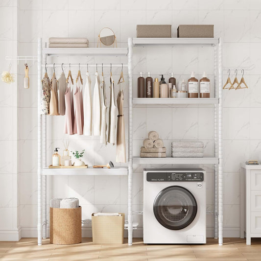 28" Over-The-Toilet/Washer Shelf – 5-Tier Laundry Organizer with Double-Layer Wood Shelves (100LB Capacity), Adjustable Height Storage for Small Spaces (White)