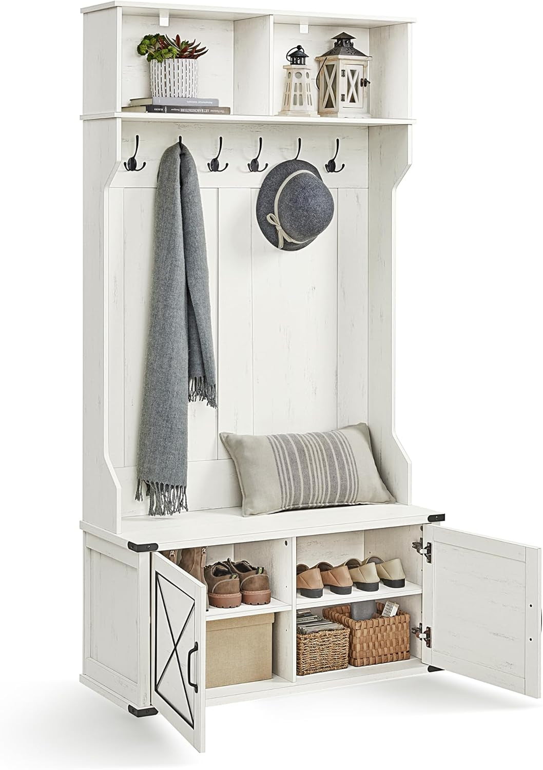 Hall Tree with Bench and Shoe Storage, Coat Rack with Shoe Bench, Shoe Cabinet, 2 Open Compartments, 6 Tri-Hooks, Entryway, Farmfouse Style, Space Saving, Rustic White UHSR430W02