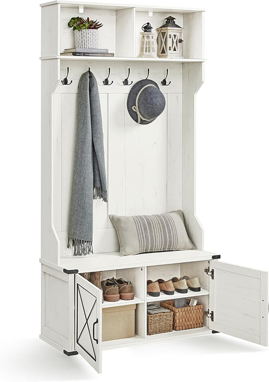 Hall Tree with Bench and Shoe Storage, Coat Rack with Shoe Bench, Shoe Cabinet, 2 Open Compartments, 6 Tri-Hooks, Entryway, Farmfouse Style, Space Saving, Rustic White UHSR430W02