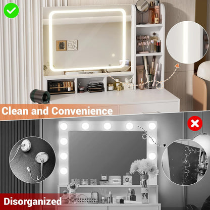 Small Vanity Desk, Vanity Desk with Mirror and Lights, Makeup Vanity Desks with Power Strip, Vanity Table with Drawers and Shelves, Adjustable Lighting, Dressing Table for Bedroom Dressing Room, White