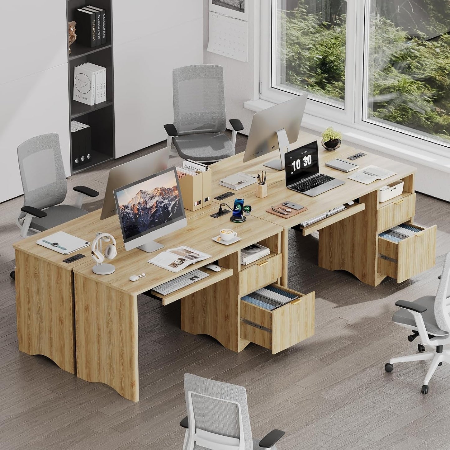 Computer Desk with Drawer, 55 Inch Office Desk with Power Outlet, Modern Home Office Desk with Keyboard Tray (Natual Oak, 55" W with Single-Sided Drawers)