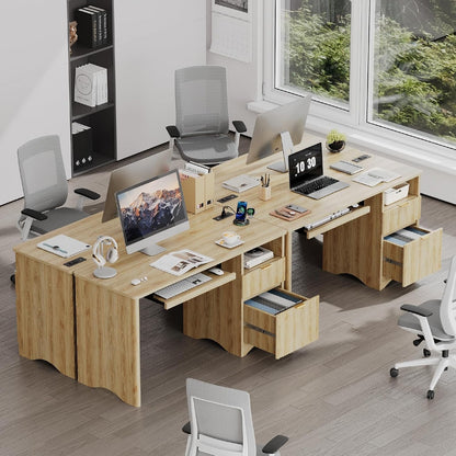 Computer Desk with Drawer, 55 Inch Office Desk with Power Outlet, Modern Home Office Desk with Keyboard Tray (Natual Oak, 55" W with Single-Sided Drawers)