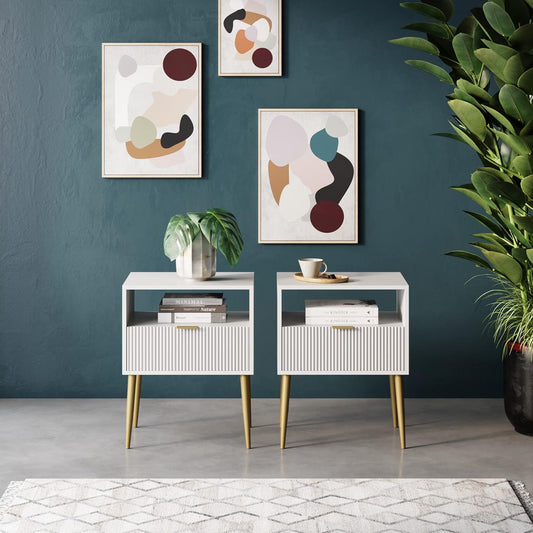 Jacklyn White Nightstand, Gold Accent Bedside Table with Storage Drawer, Open Shelf and Mid-Century Golden Legs, White/Gold, Set of 2