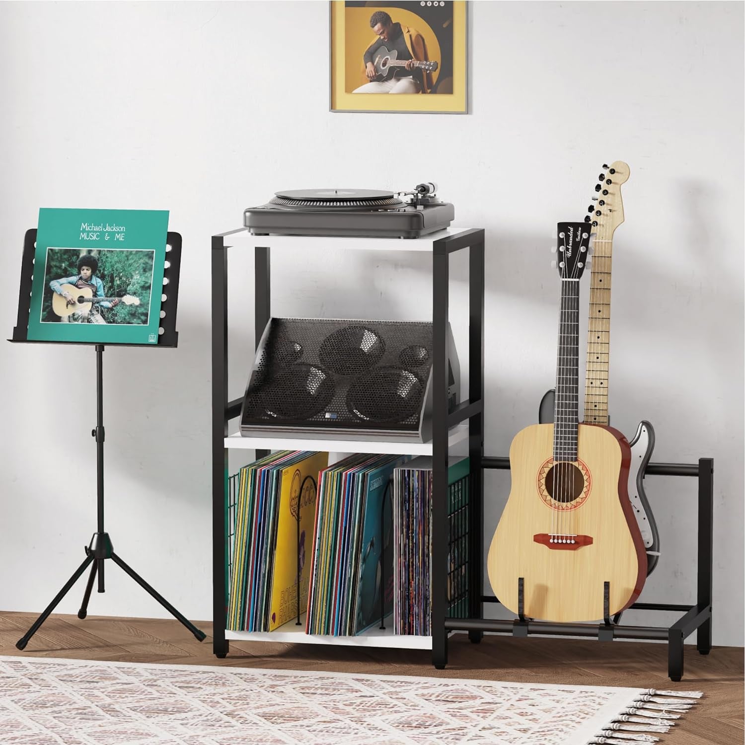 End Table with Guitar Stand,Record Player Stand,Vinyl Records Storage,2-Tier Guitar Stand for Acoustic, Electric Guitar,Bass,Turntable Stand Side Table for Music Room Studio Living Room-Modern White