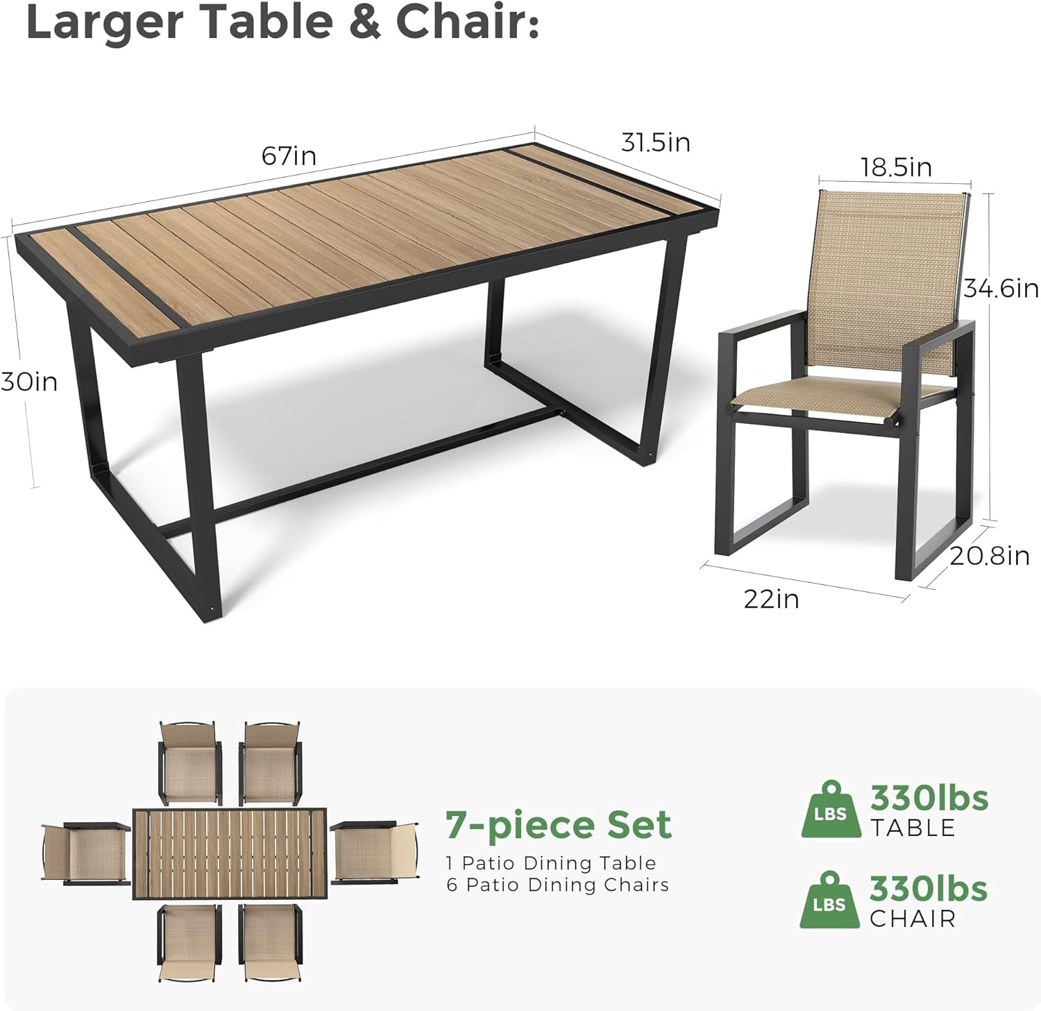 7 Piece Patio Dining Set for 6, Outdoor Furniture Set Includes 67" Rectangle Patio Table and 6 Textilene Dining Chairs, Outdoor Table and Chairs for Outsides, Backyard, Garden and Poolside
