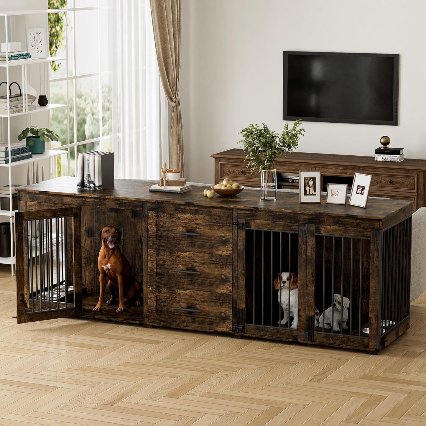 94.5" Large Dog Crate Furniture for 2 Dogs, Double Indoor Dog Kennel Furniture with 3 Drawers & 4 Dog Bowls, Wooden Heavy Duty Dog Cage Furniture Style TV Stand/Table/House, Brown