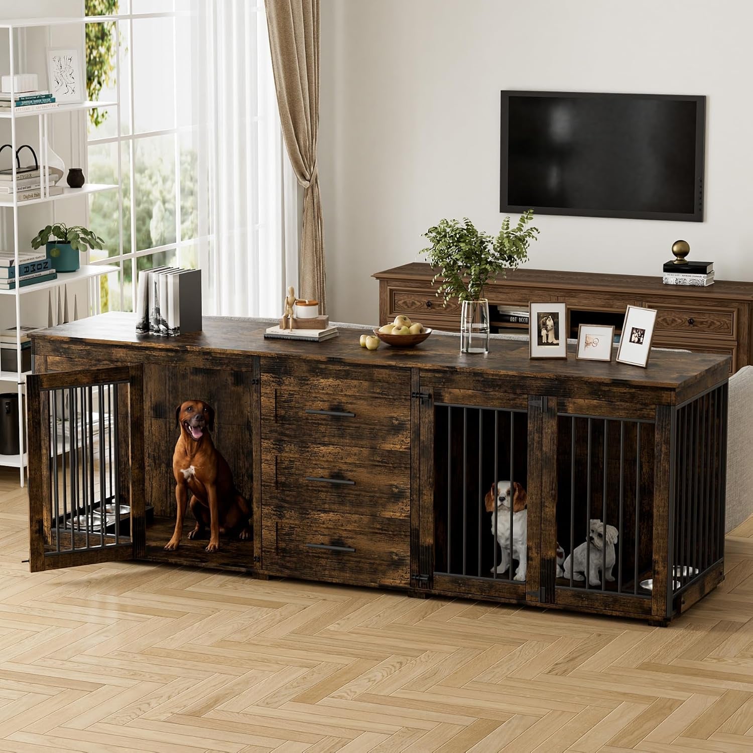 94.5" Large Dog Crate Furniture for 2 Dogs, Double Indoor Dog Kennel Furniture with 3 Drawers & 4 Dog Bowls, Wooden Heavy Duty Dog Cage Furniture Style TV Stand/Table/House, Brown