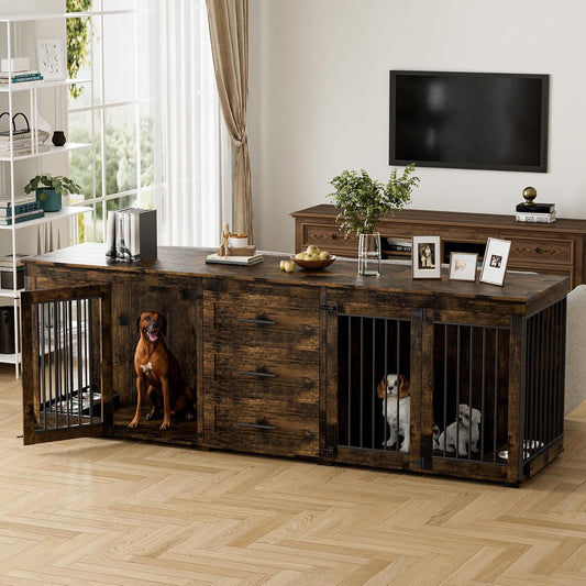 94.5" Large Dog Crate Furniture for 2 Dogs, Double Indoor Dog Kennel Furniture with 3 Drawers & 4 Dog Bowls, Wooden Heavy Duty Dog Cage Furniture Style TV Stand/Table/House, Brown
