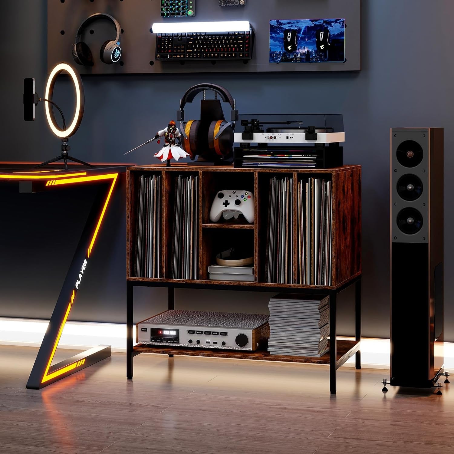 Record Player Stand with Charging Station, Turntable Stand with Storage Shelves Hold up to 150+ Albums, Record Player Table with Metal Frame, Vinyl Record Storage for Music Living Room, Brown