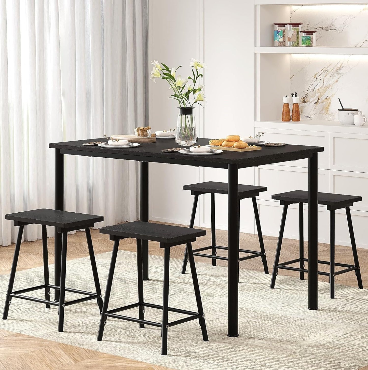 Kitchen Table and Chairs for 4, Dining Room Set with Chairs/Stools, Heavy-Duty Metal Frame with Wooden Tabletop for Small Spaces, Easy Assembly, Elegant Black