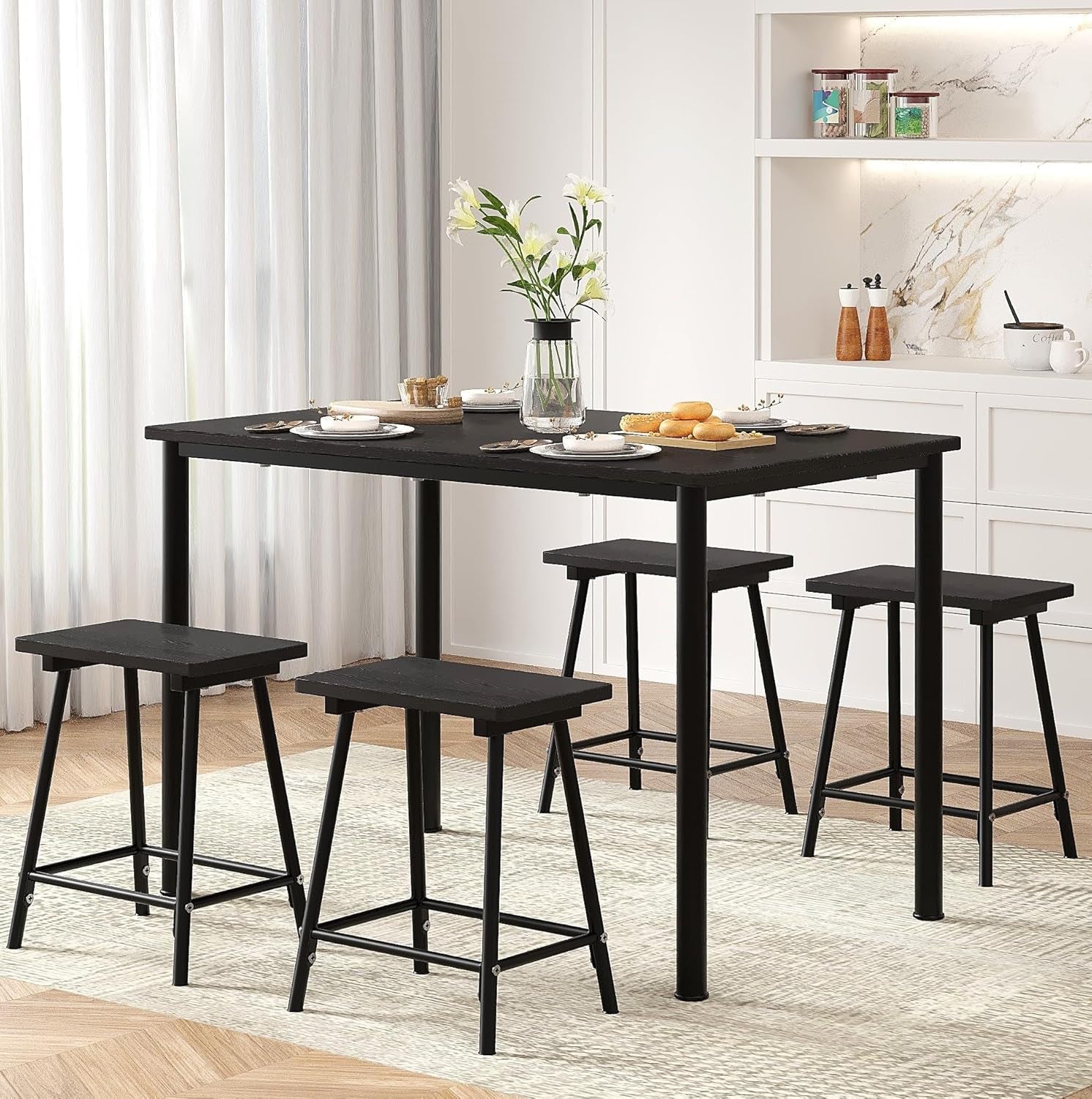 Kitchen Table and Chairs for 4, Dining Room Set with Chairs/Stools, Heavy-Duty Metal Frame with Wooden Tabletop for Small Spaces, Easy Assembly, Elegant Black