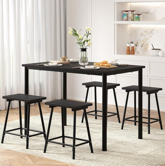 Kitchen Table and Chairs for 4, Dining Room Set with Chairs/Stools, Heavy-Duty Metal Frame with Wooden Tabletop for Small Spaces, Easy Assembly, Elegant Black