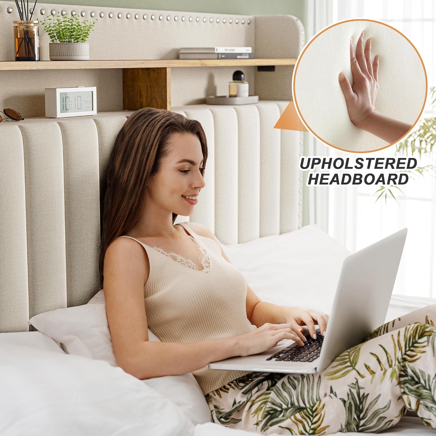 King Size Bed Frame, Upholstered King Bed Frame with 2 Storage Drawers and 2-Tier Headboard, Vertical Tufted Headboard Design, Extra Storage Space for Bedroom Apartment, Beige