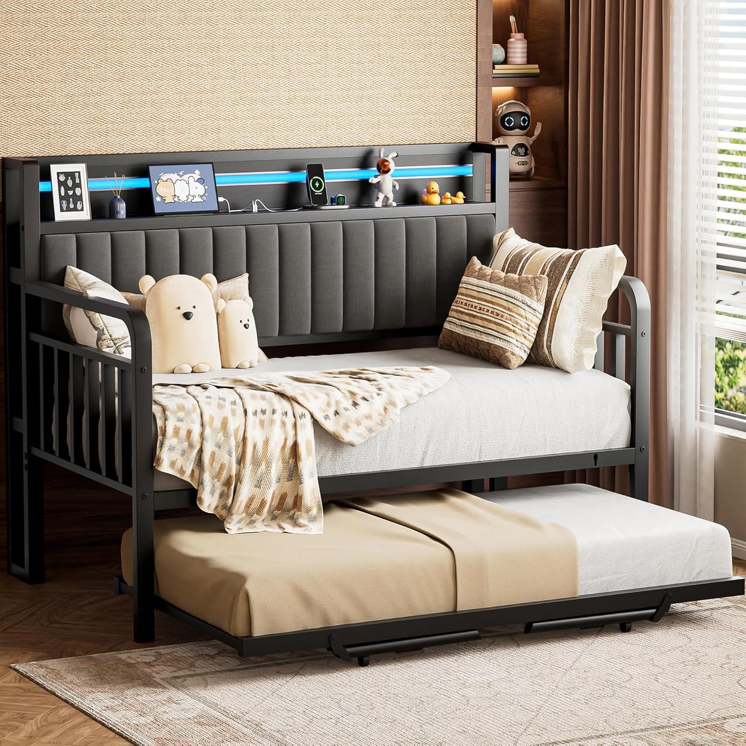 Daybed with Trundle and LED Light, Heavy Duty Metal Twin Bed Frame with Upholstered Storage Headboard & Charging Station, Day Bed Pop up Trundle Bed Twin for Living Room,Bedroom and Guest Room, Black