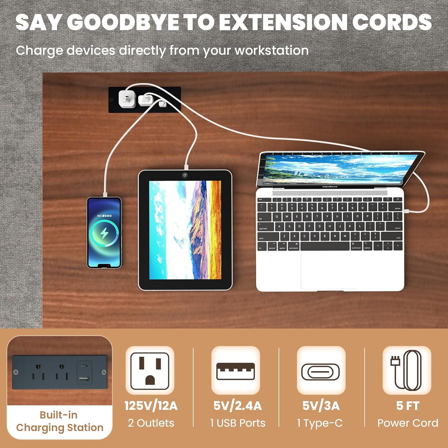 Computer Desk with 2 Storage Drawers, Study Table with Power Outlet, Laptop PC Desk with Storage, Work Table for Small Spaces, Workstation for Home & Office, Walnut