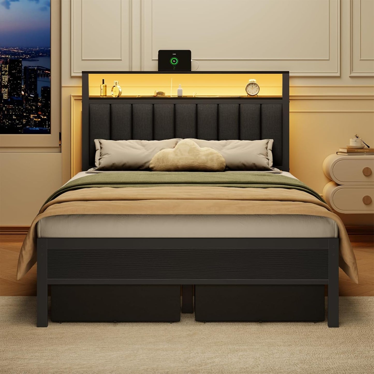 Full Size Bed Frame with Charging Station and LED Lights, Grey Upholstered Headboard with Shelves, Metal Platform Bed with 2 Under-Bed Storage (Fabric Drawer on Wheels), No Box Spring Needed