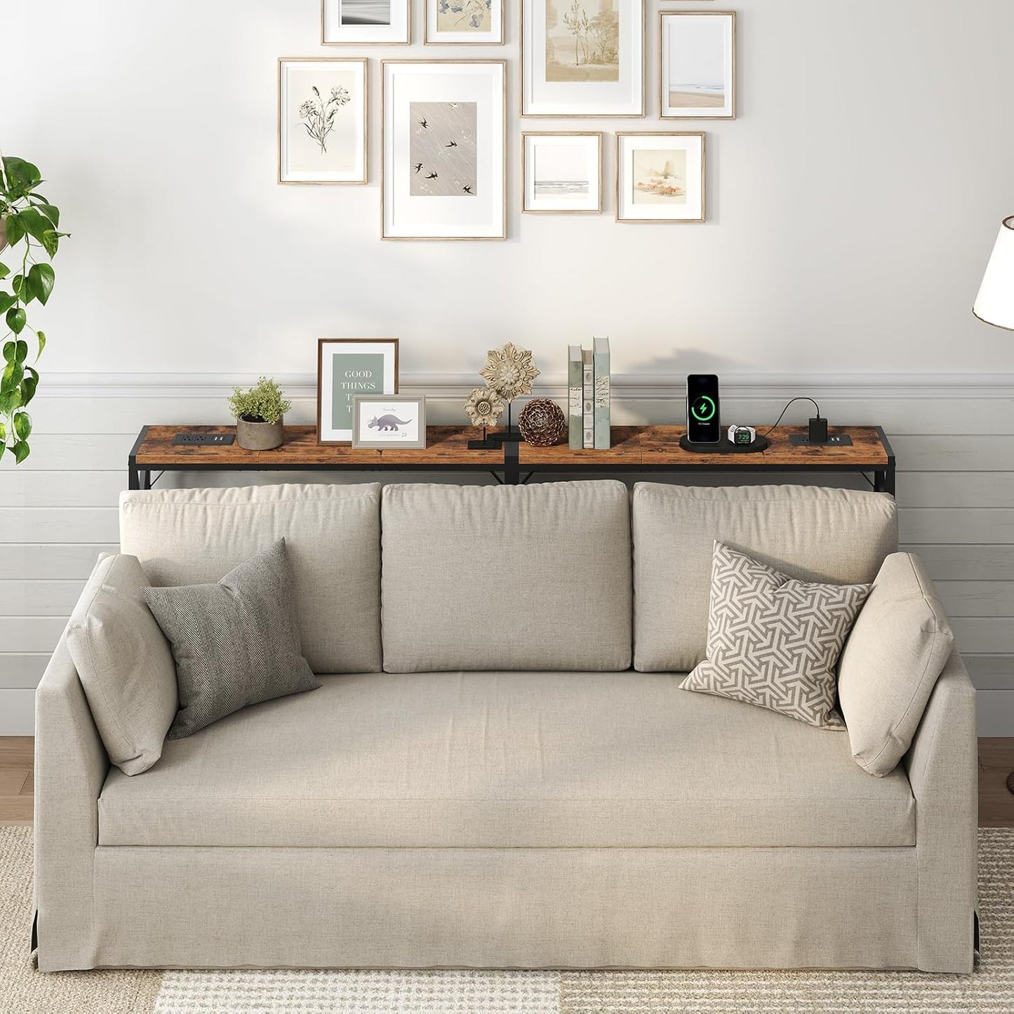 70.8'' Narrow Sofa Table with Charging Station, 2 Pack Skinny Console Table, Long Entryway Hallway Couch Table with Power Outlets, Rustic Brown CTHR152E01S2