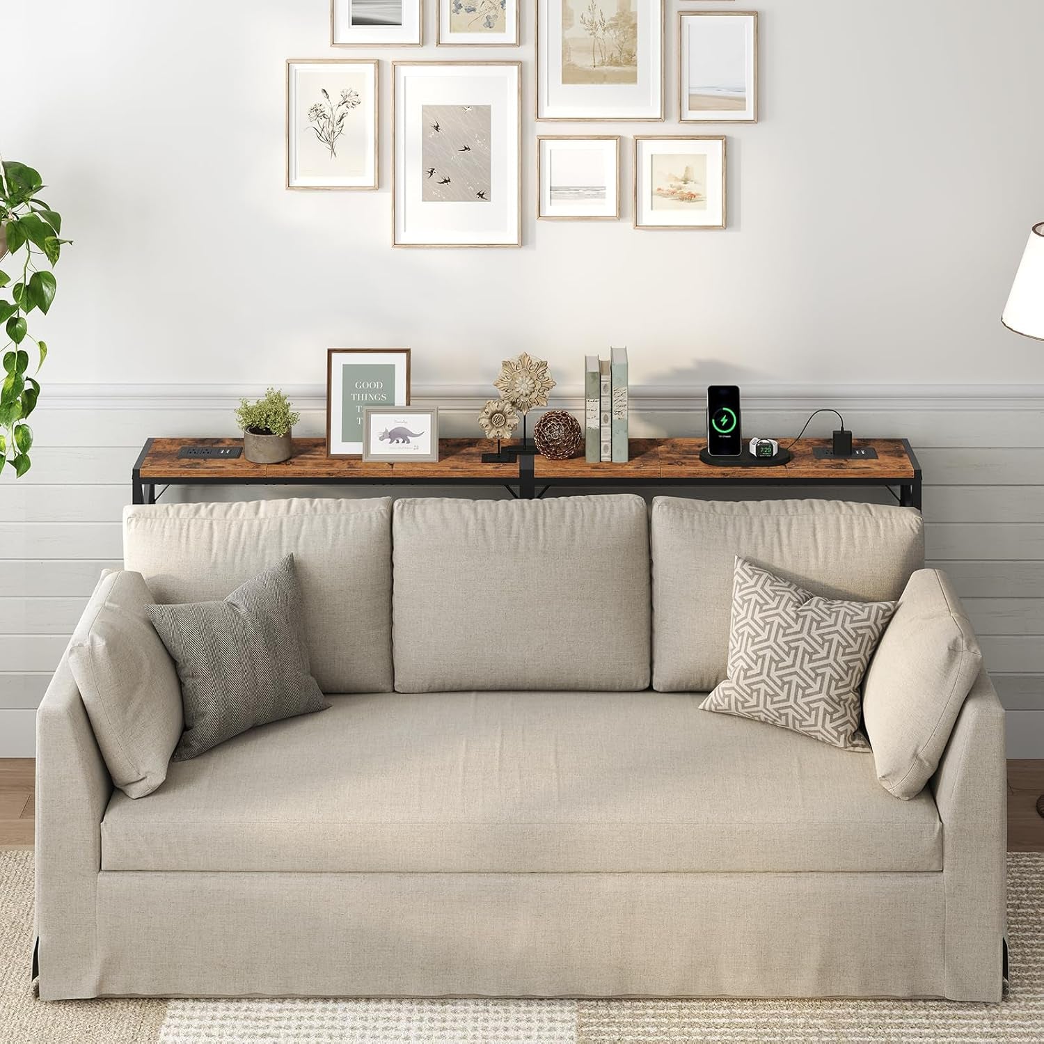 70.8'' Narrow Sofa Table with Charging Station, 2 Pack Skinny Console Table, Long Entryway Hallway Couch Table with Power Outlets, Rustic Brown CTHR152E01S2