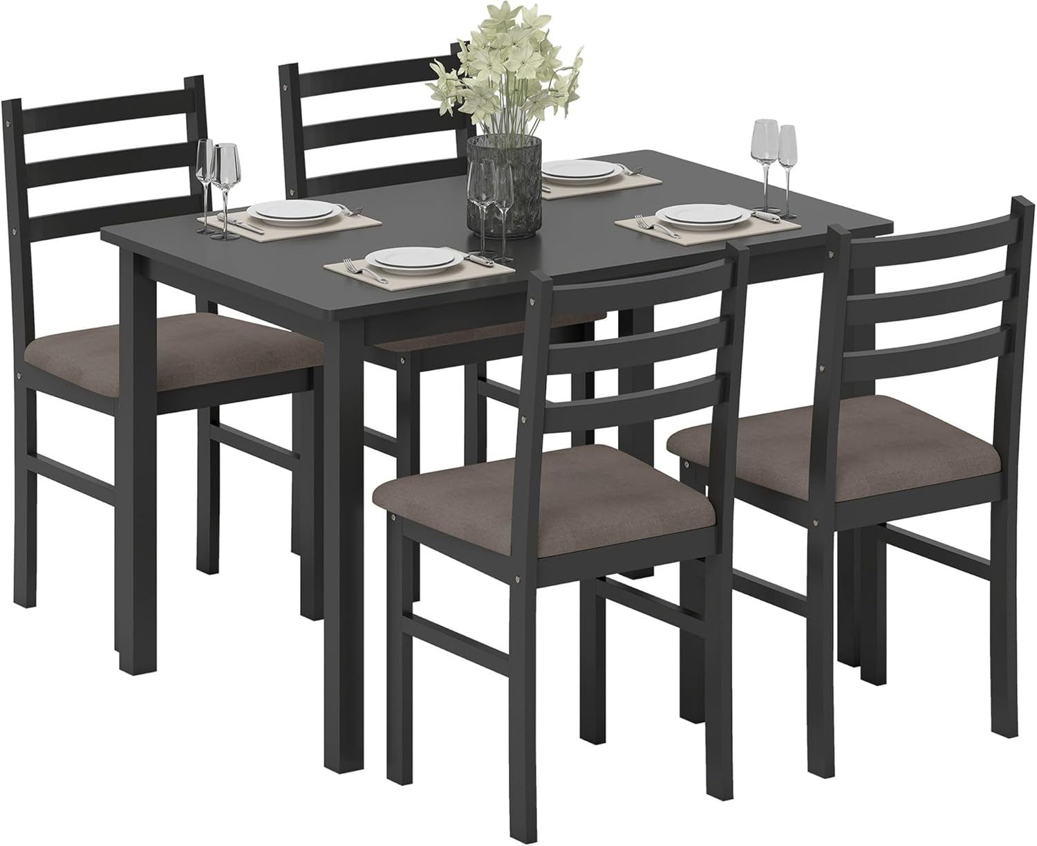 5-Piece Dining Table Set for 4 with Solid Wood Frame, Farmhouse Kitchen Table Set with 4 Upholstered Padded Chairs for Small Space, Dining Room, Breakfast Nook, Black