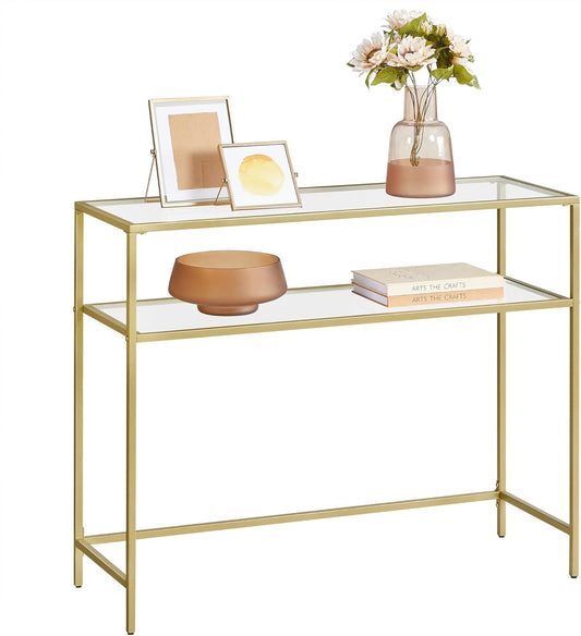 39.4 Inch Console Sofa Table, Modern Entryway Table, Tempered Glass Table, Metal Frame, 2 Shelves, Adjustable Feet, for Living Room, Hallway, Gold Color ULGT025A01