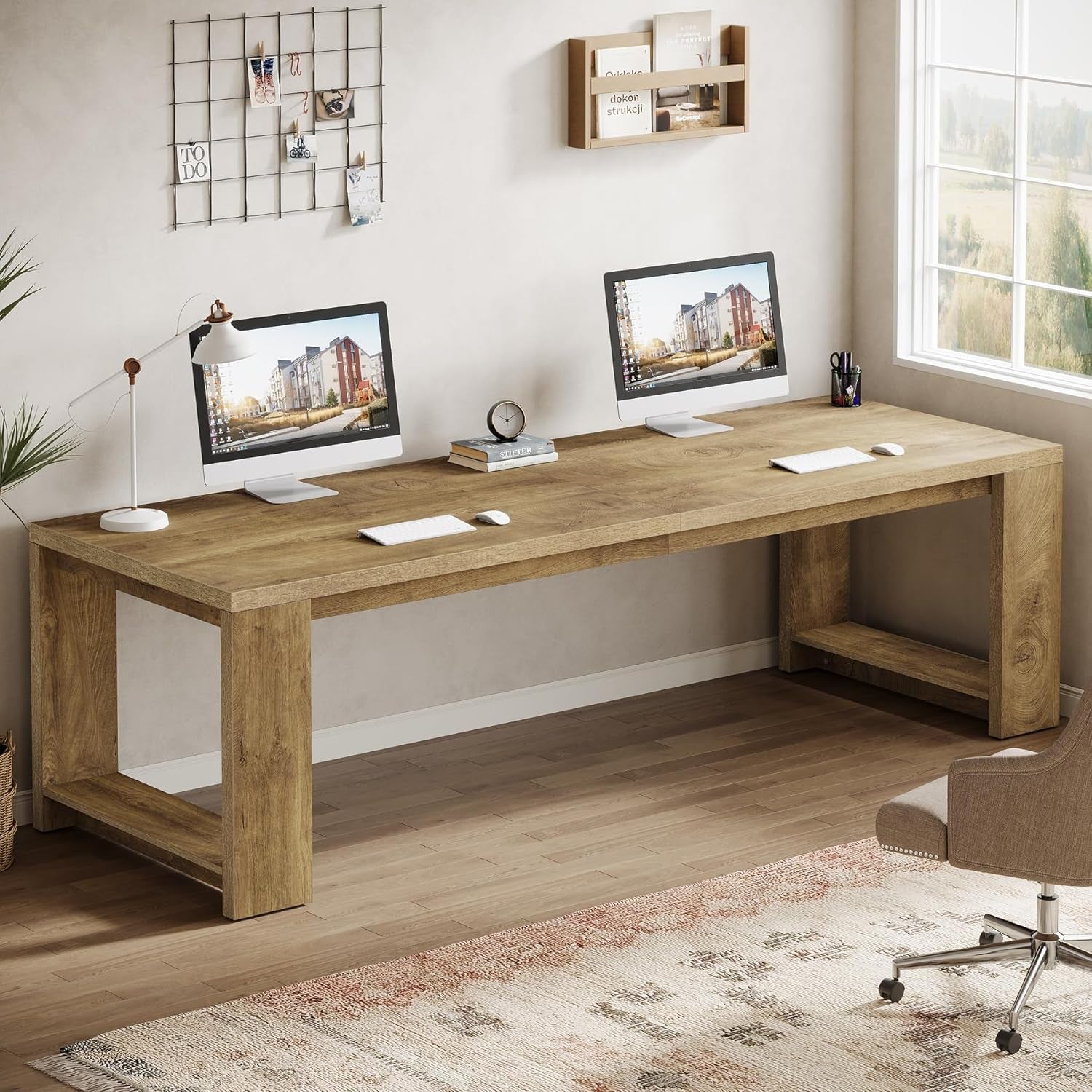 Two Person Desk, 86.6 Inches Extra Long Desk, Double Computer Writing Table, Wood Large Desks Workstation for Home Office, Natural Oak