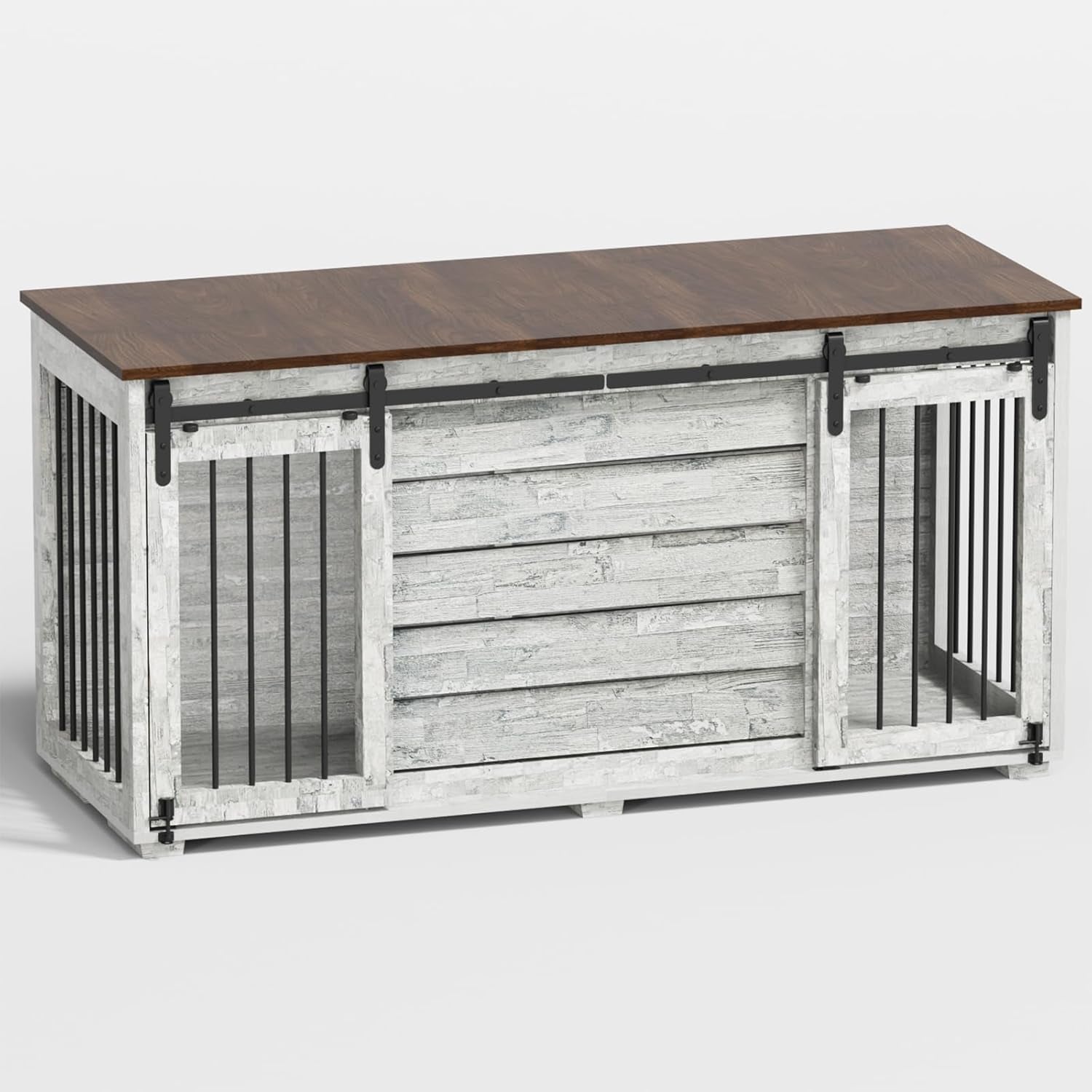 Dog Crate Furniture, 63''Wooden Dog Kennel with Removable Divider and Sliding Door, Dog Crates with Double Rooms, Heavy Duty Dog Crate Table Indoor TV Stand for Small Medium Large Dogs