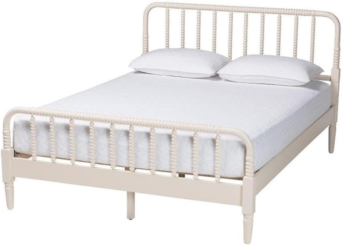 Braith Farmhouse Ivory Spindle Wood Queen Size Platform Bed
