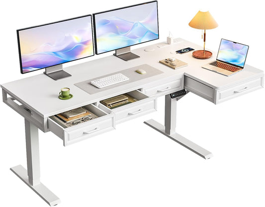 L Shaped Electric Standing Desk with Wooden Drawers, 55 Inch Height Adjustable Corner Workstation with Power Outlets, Sit Stand Table for Home, Office, White